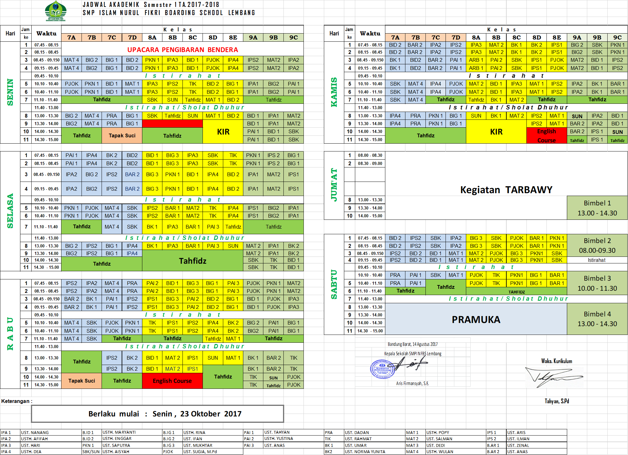 KALENDER AKADEMIK SMP NURUL FIKRI BOARDING SCHOOL LEMBANG